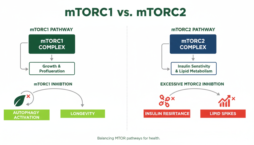Diagram of mTOR pathway complexes 1 and 2 showing biological outcomes of inhibition
