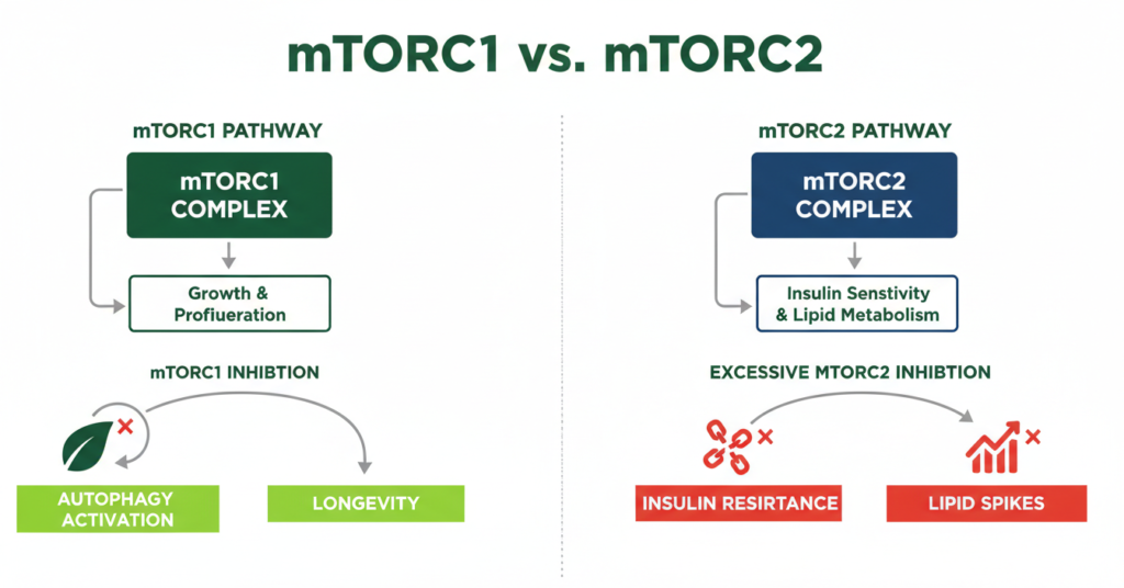 Diagram of mTOR pathway complexes 1 and 2 showing biological outcomes of inhibition
